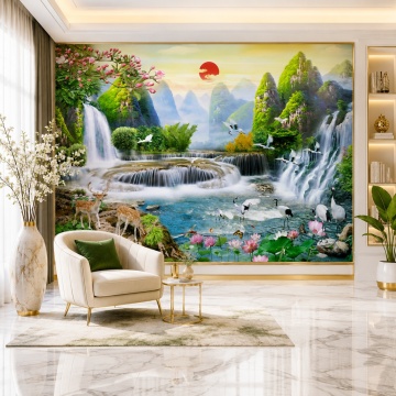 Fototapet 3D Cascade cu Caprioare In Peisaj de Vis OPO538