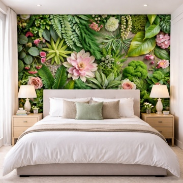 Fototapet floral luxuriant cu frunze verzi și flori delicate montat în dormitor modern