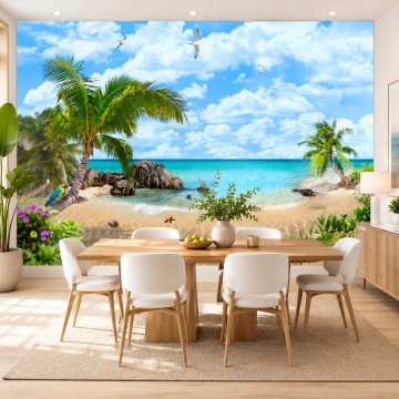 Fototapet 3D Relaxare la Plaja cu Palmieri DIF28