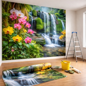 Fototapet Peisaj Exotic cu Cascadă și Orhidee Montaj Bucuresti si Ilfov