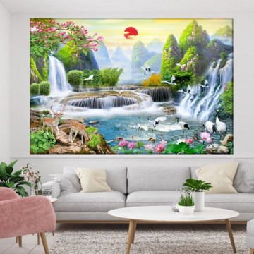 Tablou Canvas 3D Cascade cu Caprioare In Peisaj de Vis OPO538T