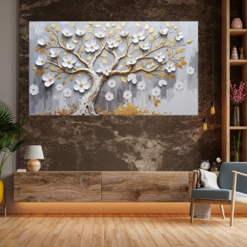 Tablou Canvas Arborele Eleganței cu Flori 3D și Accente Aurii FLAR81