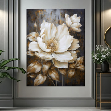 Tablou Canvas Floare Eleganta Crem cu Frunze Bronz TPF41 - Img 4
