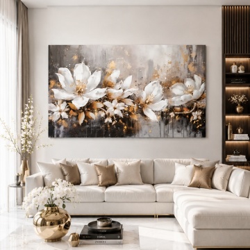 Tablou Canvas Flori Albe Elegante cu Frunze Aurii TPF44