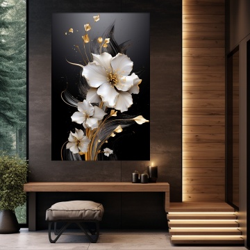 Tablou Canvas Flori Albe Luxuriante cu Accente Aurii FLAR54