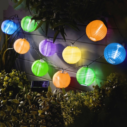 Șir de 10 Lampioane Solare LED Multicolore Garden of Eden - Iluminat Ambiental Extern, Alimentare Solară, Alb Rece 3,7m, Ideal pentru Grădină și Terasă