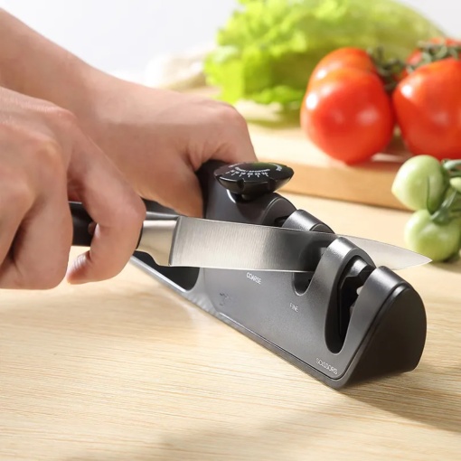 Aparat Manual Pentru Ascutit Cutite - Dispozitiv Profesional pentru Ascutirea cutitelor 4 in 1 - Negru - Gri