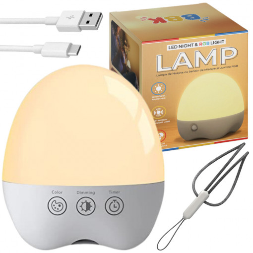 Lampa de Veghe Smart BBK®, pentru Bebelusi si Copii, cu Senzor de Miscare, 8 Culorii, Acumulator, 5 moduri de intensitare, Temporizare Oprire Automata