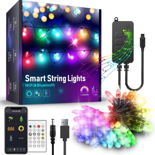 Șir de lumină inteligentă RGB 50 LED-uri, 5m, control Wi-Fi și Bluetooth, compatibil Alexa & Google Home, utilizare interior/exterior, efecte luminoase personalizabile