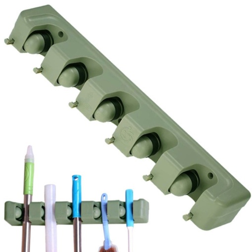 Organizator Suport Perii și Unelte, Agățător Multifuncțională pentru Ustensile de Curățenie și Accesorii de Grădinărit, Gri, 44cm x 7cm x 6cm, cu 5 Spații și 6 Cârlige
