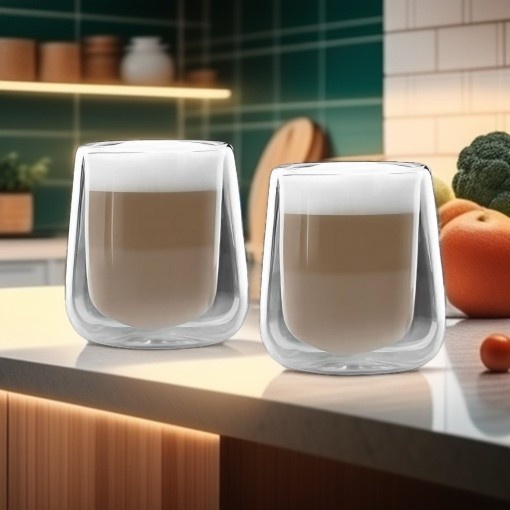 Set 2 Bucăți Pahare de Cafea cu Pereți Dubli din Sticlă Borosilicată, 300 ml - Ideal pentru Băuturi Cald/Fierbinți și Reci, Design Modern, Rezistente la Temperatură și Zgârietur
