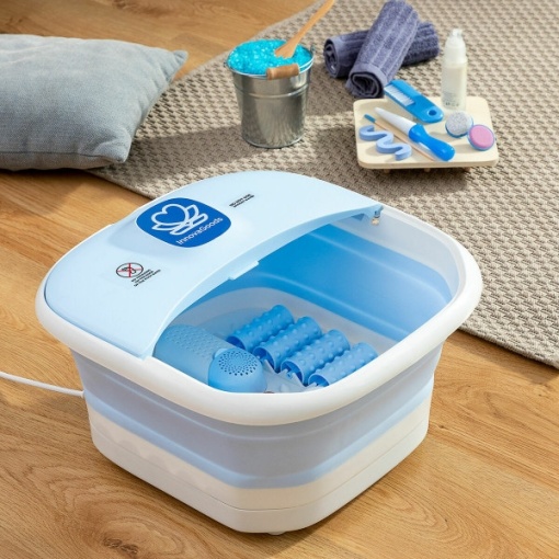 Aparat Spa Pliabil pentru Picioare cu Hidromasaj și Role de Masaj - Albastru/Alb, Căldură Infraroșie, Capacitate 10L, Putere 500W, Aromaterapie, Reflexologie