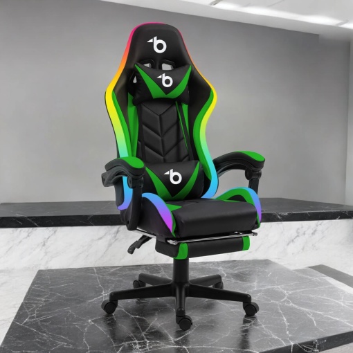 Scaun ergonomic pentru gaming cu LED RGB color reglabil, negru/verde