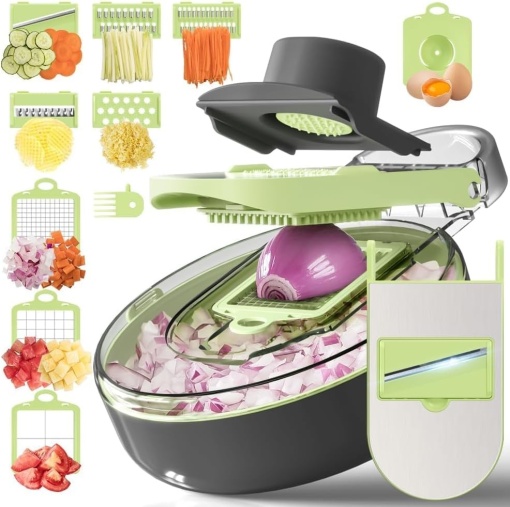 Slicer de Legume 9 în 1 pentru Ceapă, Roșii, Cartofi, Tocător de Alimente cu Tavă de Scurgere și Protecție pentru Mână - Tăiere și Feliere cu Lame din Oțel Inoxidabil