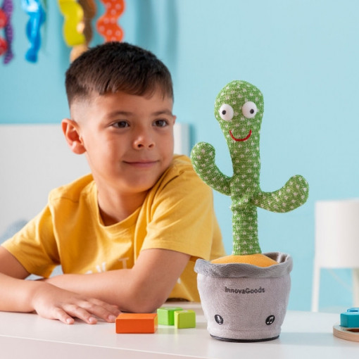 Cactus de Pluș Interactiv cu Lumini LED Multicolore, Înregistrare Voce, Reîncărcabil, Până la 120 de Melodii Predefinite, Dansator și Vorbitoare, Ideal pentru Copii și Adulți