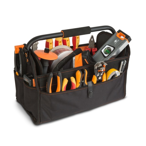 Geantă de Scule Deschisă, Ultra-Resistentă cu Mâner Metalic - 420x220x310mm, Multifuncțională, 59 Compartimente, 25kg Capacitate, Negru/Portocaliu