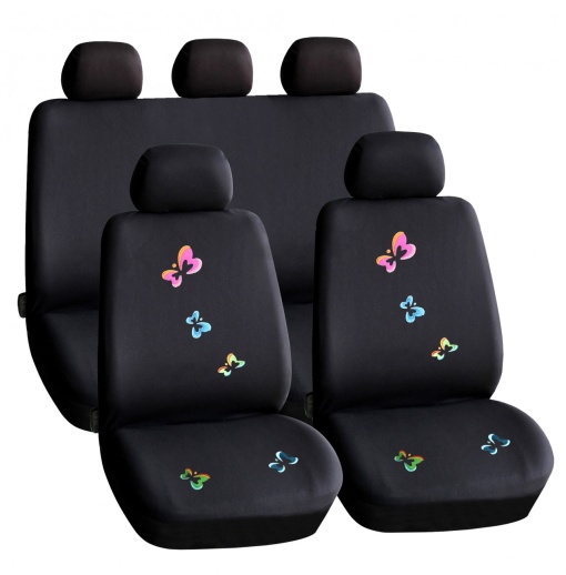 Huse Auto Universale CARGUARD pentru 5 Scaune, Design cu Fluturași, Protecție și Confort, Instalare Ușoară, Negru – Păstrează Scaunele Ca Noi