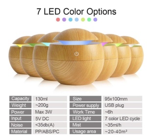 Difuzor si Umidificator Ultrasunic Aromaterapie cu led-uri multicolore - Lemn Deschis