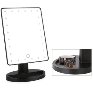 Oglindă cosmetică mare cu iluminare LED cu 16 becuri, comutator tactil și rotire 180°, alimentare cu 4 baterii AA/R6, alb, dimensiuni: 22x17x2cm oglindă, 16x12cm baza, 26.5cm inaltime.