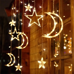 Luminile ALB CALD LED Cortină cu Forme de Stea și Lună, 138 LED-uri, Moduri Multiple, Interior / Exterior, 3m. Interconectabile, pentru Dormitor și Decor Exterior - Img 1