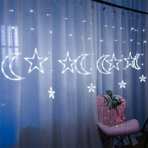 Luminile ALB RECE LED Cortină cu Forme de Stea și Lună, 138 LED-uri, Moduri Multiple, Interior / Exterior, 3m. Interconectabile, pentru Dormitor și Decor Exterior - Img 5