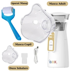 Aparat Portabil Aerosoli BBK®, Nebulizator Profesional si Ultra Silentios, Pentru Copii si Adulti, Tehnologie Mesh
