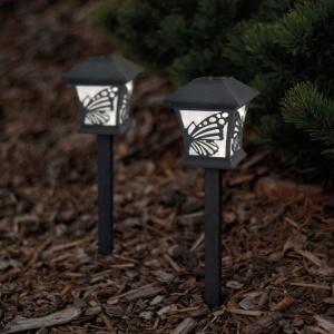 Lampă Solară LED Decorativă pentru Grădină, Model Fluturi, Lumina Alb Cald, Rezistentă la Apă, Autonomă - 9x9x25 (+9) cm - Img 1