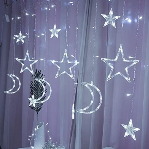 Luminile ALB RECE LED Cortină cu Forme de Stea și Lună, 138 LED-uri, Moduri Multiple, Interior / Exterior, 3m. Interconectabile, pentru Dormitor și Decor Exterior - Img 6