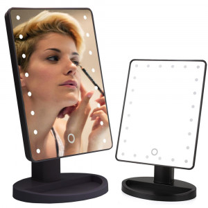 Oglindă cosmetică mare cu iluminare LED cu 16 becuri, comutator tactil și rotire 180°, alimentare cu 4 baterii AA/R6, alb, dimensiuni: 22x17x2cm oglindă, 16x12cm baza, 26.5cm inaltime.
