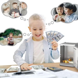 Seif interactiv pentru copii cu acces cod PIN pentru bancnote și monede, stil clasic, argintiu - Img 6
