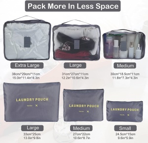 Organizator de calatorie set de 6 piese, fabricat din material nylon de calitate, rezistent la uzura si apa, permite organizarea si protejarea hainelor in timpul calatoriei, cu sistem de plasa si greutate redusa.