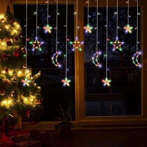 Luminile MULTICOLOR LED Cortină cu Forme de Stea și Lună, 138 LED-uri, Moduri Multiple, Interior / Exterior, 3m. Interconectabile, pentru Dormitor și Decor Exterior - Img 5