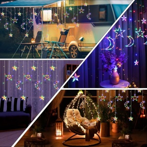 Luminile MULTICOLOR LED Cortină cu Forme de Stea și Lună, 138 LED-uri, Moduri Multiple, Interior / Exterior, 3m. Interconectabile, pentru Dormitor și Decor Exterior - Img 6