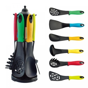 Set de 6 Ustensile de Bucătărie Rezistente la Căldură cu Mânere Ergonomice Colorate – Ideal pentru Oale și Tigăi Antiaderente - Img 1