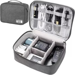 Organizator de Cabluri Trizand - Rezistent la Apă, Cu Mâner, pentru Călătorii și Birou, Compartimente Reglabile, Material Ușor de Curățat, 25x20x10cm, Gri - Img 1