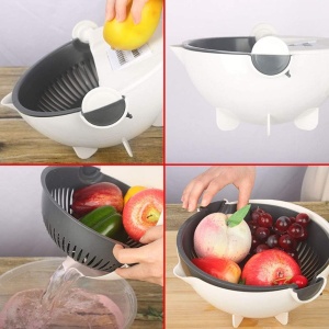 Taietor de Legume Multifuncțional 3 în 1 cu Bol și Strecurătoare – Lamație Eficientă, Ușor de Curățat, Design Ergonomic, 21 x 10.5 cm, Alb