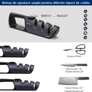 Aparat Manual Pentru Ascutit Cutite - Dispozitiv Profesional pentru Ascutirea cutitelor 4 in 1 - Gri / Rosu