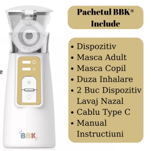 Aparat Portabil Aerosoli BBK®, Nebulizator Profesional si Ultra Silentios, Pentru Copii si Adulti, Tehnologie Mesh