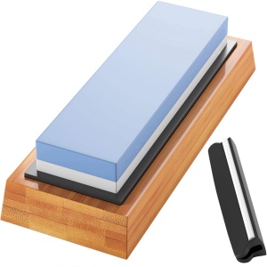 Kit Ascutire Cutite cu Piatra pentru Ascutirea Cutitelor prin Slefuire, cu 2 Granulatii, Banda Anti Derapanta si Ghidaj Unghiular