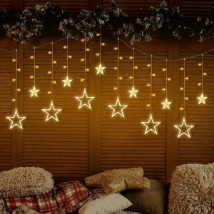 Instalatie Ornamentala de Craciun, Cortina Luminoasa, 138 Led-uri, 12 stele, Pentru Decorul Ferestrei 