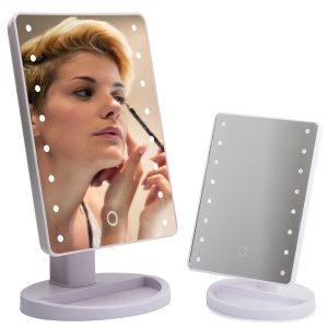 Oglindă cosmetică mare cu iluminare LED cu 16 becuri, comutator tactil și rotire 180°, alimentare cu 4 baterii AA/R6, alb, dimensiuni: 22x17x2cm oglindă, 16x12cm baza, 26.5cm inaltime.