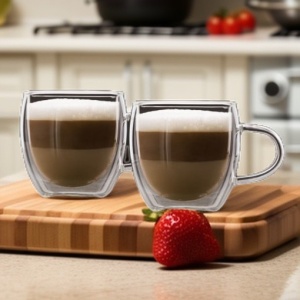 Set de 2 - Cească de Capuccino din Sticlă Borosilicat cu Perete Dublu, Transparentă, 250 ml, Ideală pentru Cafea și Băuturi la Temperaturi Variate - Img 1