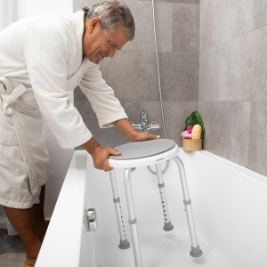 Taburet de Baie Rotativ și Reglabil, Scaun Pivotant Antiderapant, Ergonomic, pentru Persoane în Vârstă și cu Mobilitate Redusă, Alb/Gri, 120kg Max - Img 1