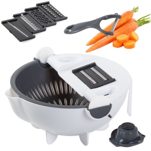 Taietor de Legume Multifuncțional 3 în 1 cu Bol și Strecurătoare – Lamație Eficientă, Ușor de Curățat, Design Ergonomic, 21 x 10.5 cm, Alb