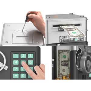 Seif interactiv pentru copii cu acces cod PIN pentru bancnote și monede, stil clasic, argintiu - Img 3