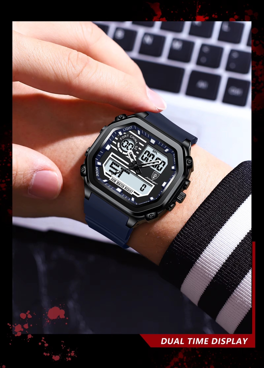 Ceas barbatesc digital Poedagar CS1765, silicon, albastru, cadran negru - 1 | YEO