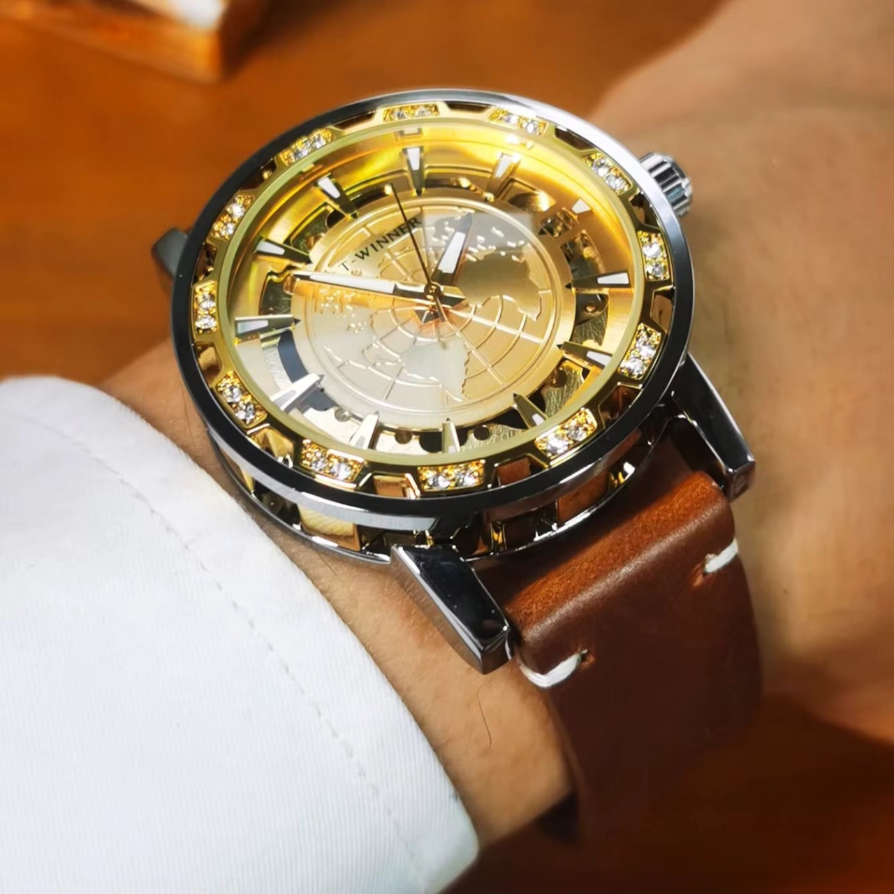 Ceas barbatesc Winner CS1748, automatic, piele naturala, maro, cadran auriu - 1 | YEO