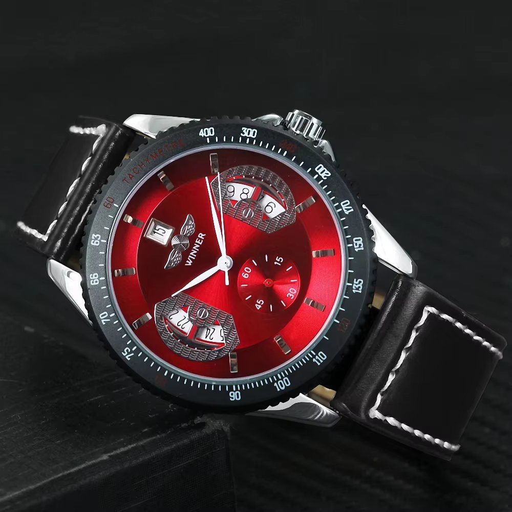 Ceas barbatesc Winner CS1753, automatic, piele naturala, negru, cadran rosu