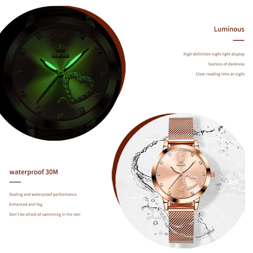 Ceas damă Olevs, brățară mesh oțel inoxidabil, cadran alb cu inimă, rose gold CS1643 — imaginea 3