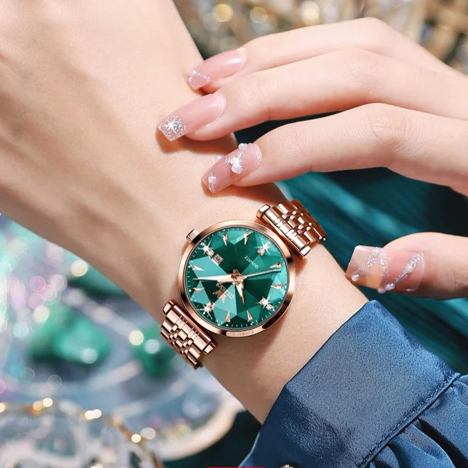 Ceas damă Olevs, oțel inoxidabil, cadran verde fațetat, rose gold CS1647 — imaginea 2